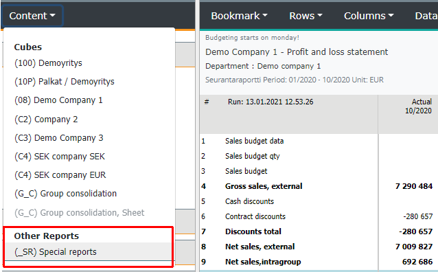 Content menu with special report