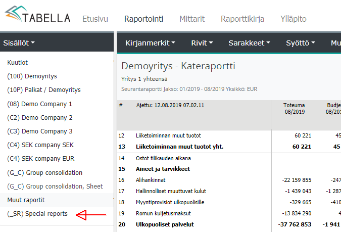 Sisällöt-valikko, jossa erikoisraportti